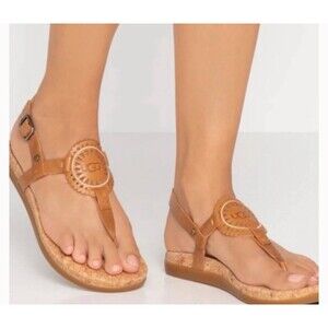 UGG Ayden II T Strap Camel Brown Leather Thong Cork Footbed Sandals Size 9.5 Tan